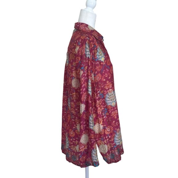 Cienna Womens Top Button-Up Silk Long Sleeve Red Floral Boho Size M - Picture 2 of 8